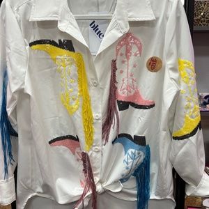 White Cowboy Boots Sequins Blouse